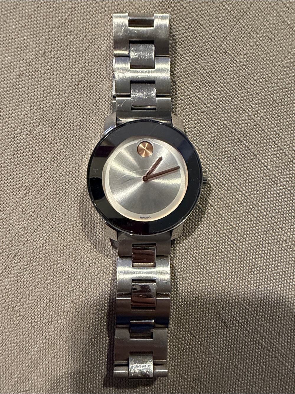 EUC Movado Silver Dial Watch with Bezel and Rose-Gold Accents